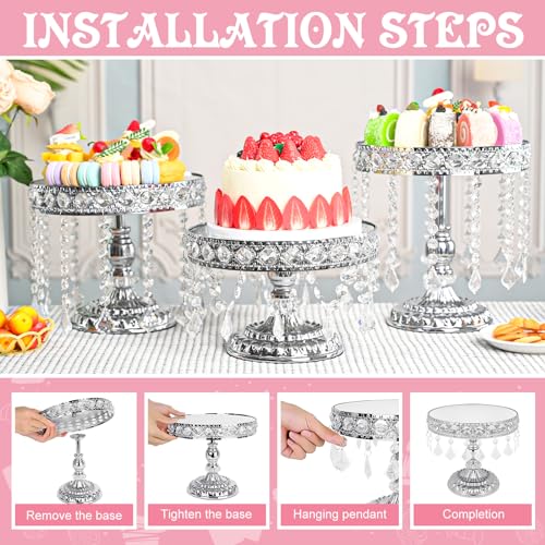 TLY 3 Pcs Silver Cake Stand Set,Round Cake Stand with Crystal Bling Pendants & Mirrored Base,Elegant Silver Dessert Table Display for Weddings Birthdays Parties - Image 6