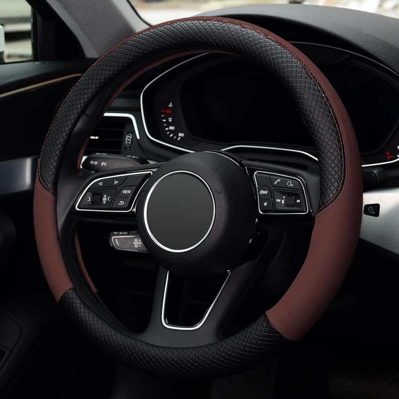 Black Microfiber Leather Auto Car Steering Wheel Cover Universal 15 inch Brown-image-23