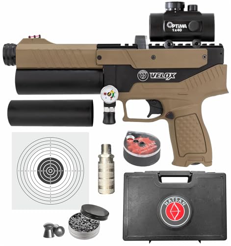 Wearable4U Hatsan Velox PCP Air Pistol .22 Cal Semi-Auto Pellet Gun, 620 FPS, 17Joules, 12 RDS, Red Dot Sight w/Pellets and Paper Targets Bundle (FDE, MPN: HGVLX22FDE)