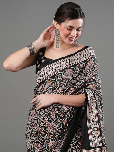 Image of SAREE MALL Women's Ajrak Block Print Dola Silk Saree With Unstitched Blouse Piece