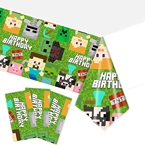 Funown 3 Pieces Pixel Miner Tablecloth Video Game Table Cover Disposable Mining Block Tablecloth Kids Birthday Party Pixel Style Tablecloth Game Party Decoration #TOP8