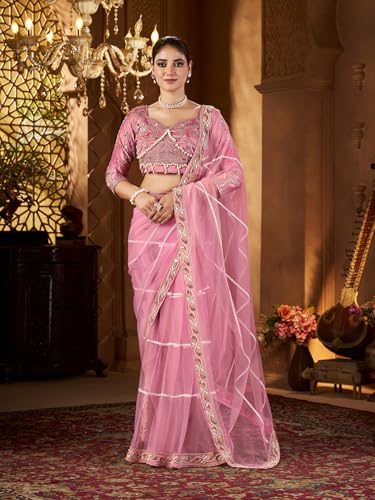 Image of Pandadi Saree Women's Net Embroidery Work Saree With Unstitched Blouse Piece
