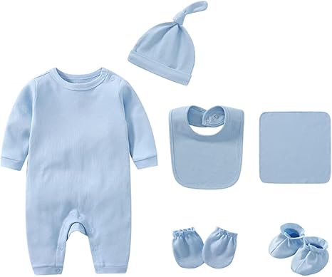 Infant Romper+Burp Cloth+Bib+Mittens+Shoes+Cap Set Breathable Healthy Fabric Tops for Baby