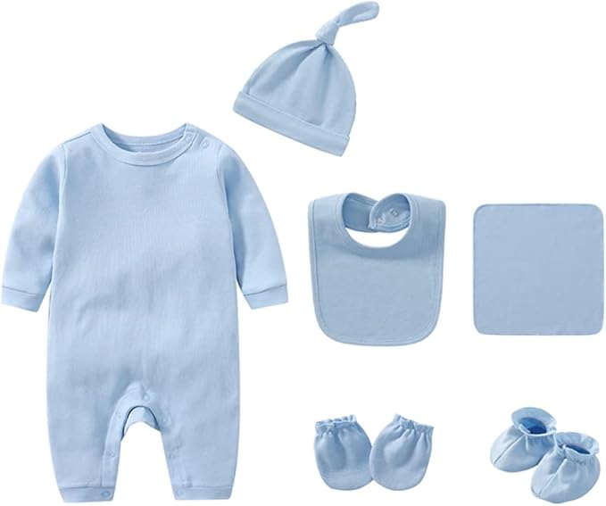 Infant Romper+Burp Cloth+Bib+Mittens+Shoes+Cap Set Breathable Healthy Fabric Tops for Baby