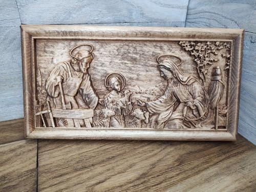 Cadeau de mariage chrétien : peinture Sainte Famille en bois 60cm