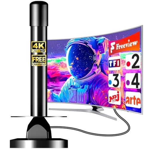 Antenne TV Intérieure avec Amplificateur de Signal – Base Magnétique Puissante – Réception 360° – Compatible Smart TV/DVB-T2 – Prend en Charge 4K / Full HD – Câble Coaxial 5 m Inclus