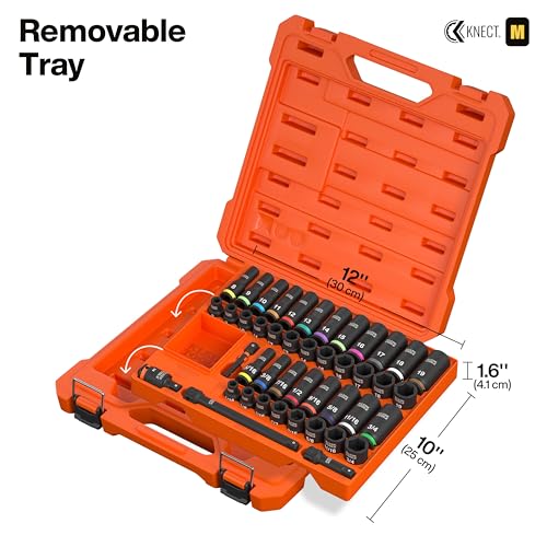Image of Klein Tools 65148HD KNECT Deep-Well and Shallow Impact Socket Set, 3 /8-Inch Drive, SAE and Metric, 44-Piece Tool Set, Impact Driver, Swivel Adapter, Wrench Extensions, Removable Socket Organizer