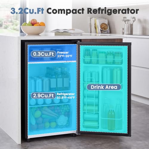Image of DUMOS 3.2 Cu.Ft Mini Fridge with Freezer, Single Door Refrigerator with Adjustable Thermostat, Compact Small Fridge for Bedroom, Office, Dorm, Single Door Black