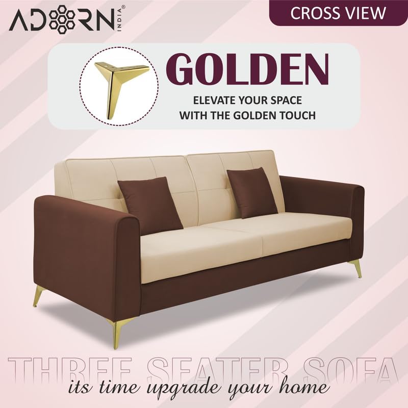 Image of Adorn India Premium Harlem 3 Seater Sofa | Velvet Suede Upholstery | 3-Year Warranty | Brown & Beige with Gold Legs & Cushion