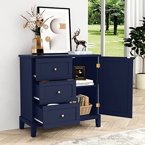 HLR Accent Cabinet with 3 Drawers and Door, Wooden Storage Cabinet with Shelves, Sideboard for Living Room, Entryway, Navy Blue