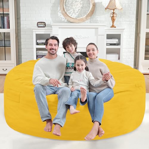 6FT Bean Bag Chair, Large Bean Bag Chairs with Memory Foam Filled, Fluffy Beanbag Sofa with Dutch Velvet Cover, Round BeanBag Chairs for Living Room, Playroom - Lemon