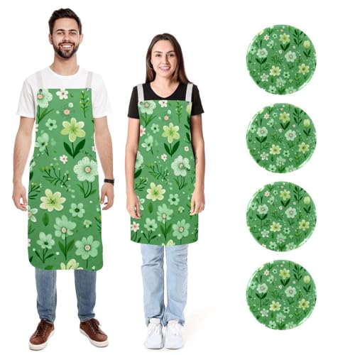 Tabliers de cuisine doux réglables lot de 2 avec grandes poches vert motifs fleurs d'herbe