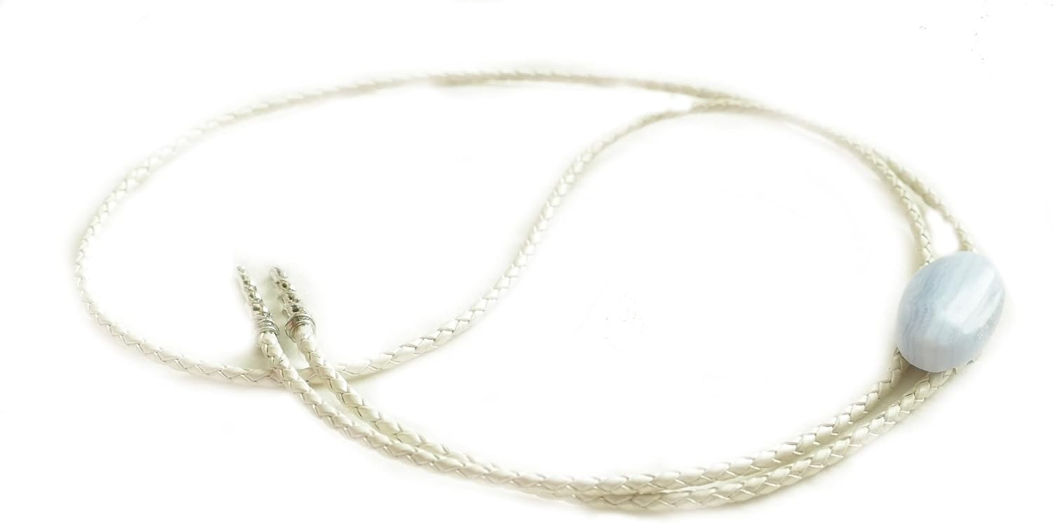Man's Blue Lace Agate Bolo Tie With Pearlescence White Leather Cords and Silver-Plated Tips
