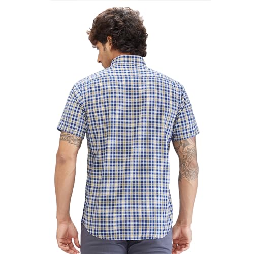 Image of Colorplus Men's Regular Fit Checks Pattern Pure Cotton Plain Collar Half Sleeve Casual Shirt