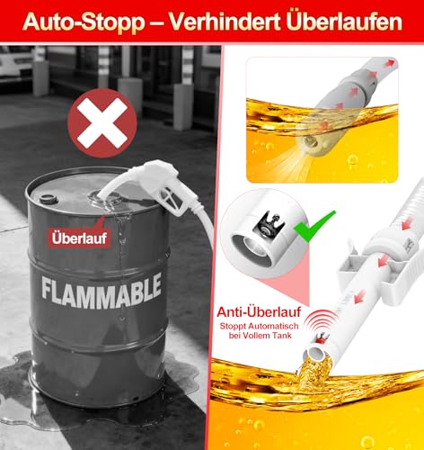 Kraftstoffpumpe mit Auto-Stopp-Sensor, 2.4GPM(9L/min) Dieselpumpe & Benzinpumpe für Kanister, Öl und Wasser – Mit flexiblem Schlauch für Traktor, Generator, Rasenmäher mit 3 Adaptergrößen