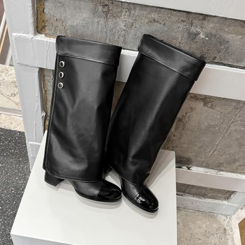 Knee high boot womens Fold Over black suede boots for women Round Toe tan Chunky heels Pull on Booties wide calf boots dressy botas4