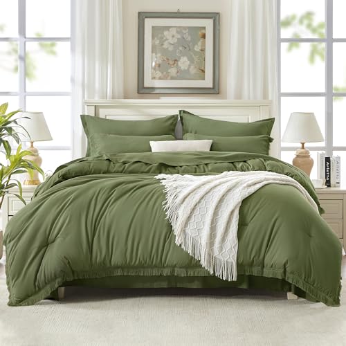 Image of Andency Full Size Comforter Set with Sheets Olive Green -7 Pieces Bed in a Bag Boho Tassel Bedding Sets, All Season Fringe Bed Set with Comforter, Sheets, Pillowcases & Shams