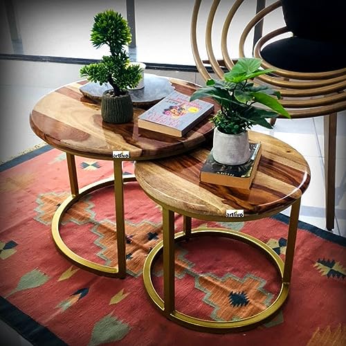 Image of Artlivo Solid Sheesham Wood Round Coffee Table - Set of 2 (22 /17 inch Dia) for Living|Drawing|Bedroom|Office|Balcony|Gift|Diwali|Wedding