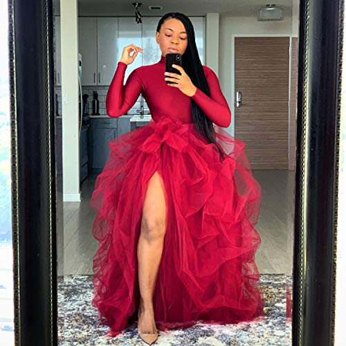 Womens High Waist 3 Layered Tulle Long Maxi Dress Wedding Night Out Party A-Line Puff Split Skirt (Red, One Size) #TOP1