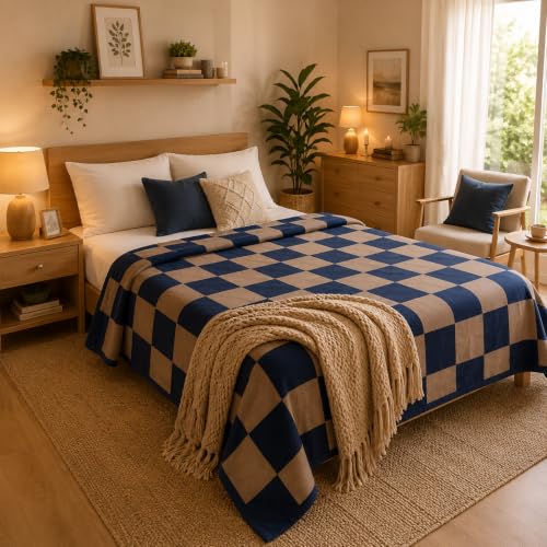 Image of Double Bed Dohar Classic Navy Check | Lightweight Summer Quilt | Soft Microfiber AC Blanket | Breathable All Season Comforter | Skin Friendly Bed Cover