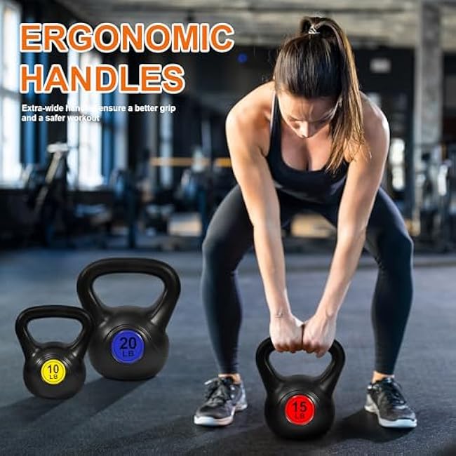 Fitvids Wide Grip 3-Piece or 4-Piece Kettlebell Exercise Fitness Weight Set, Include 5 lbs, 10 lbs, 15 lbs and 20 lbs, Set of 3 or Set of 4