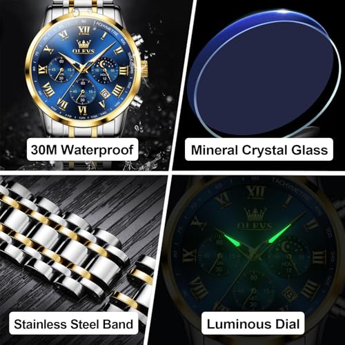 OLEVS Mens Stainless Steel Chronograph Watch, Big Face Roman Numerals Date Analog Quartz Dress Watches for Men, Fashion Multifunctional Waterproof Luminous Hands Men's Wristwatch4