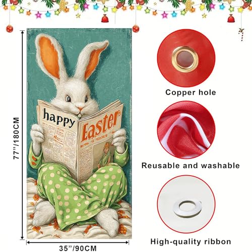 Image of Happy Easter Door Cover Reading Bunny Banner Retro Funny Rabbit Front Door Decorations Home Party Outdoor Decor 35.4x71 Inch