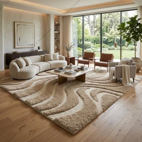 Image of SWEET HOMES Luxury Abstract Shag Rug, Thick Soft Area Carpet for Living Room, Bedroom, 4 x 6 Feet (122 x 183 cm), Ivory /Beige Hi