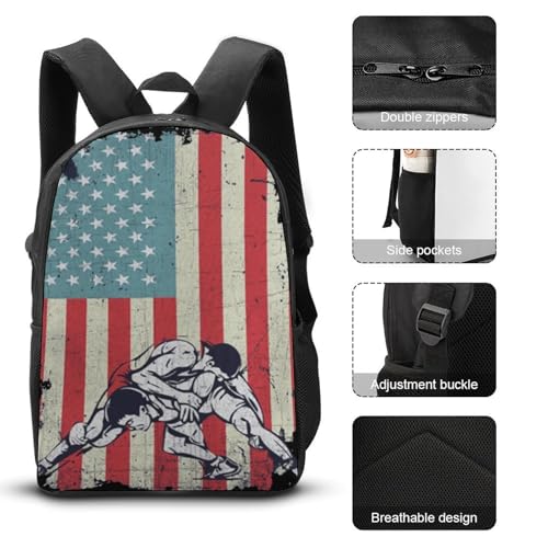 U.S.A. Flag Wrestling Classic Backpack Lunch Bag Pencil Case 3 Piece Set Travel Daypack3