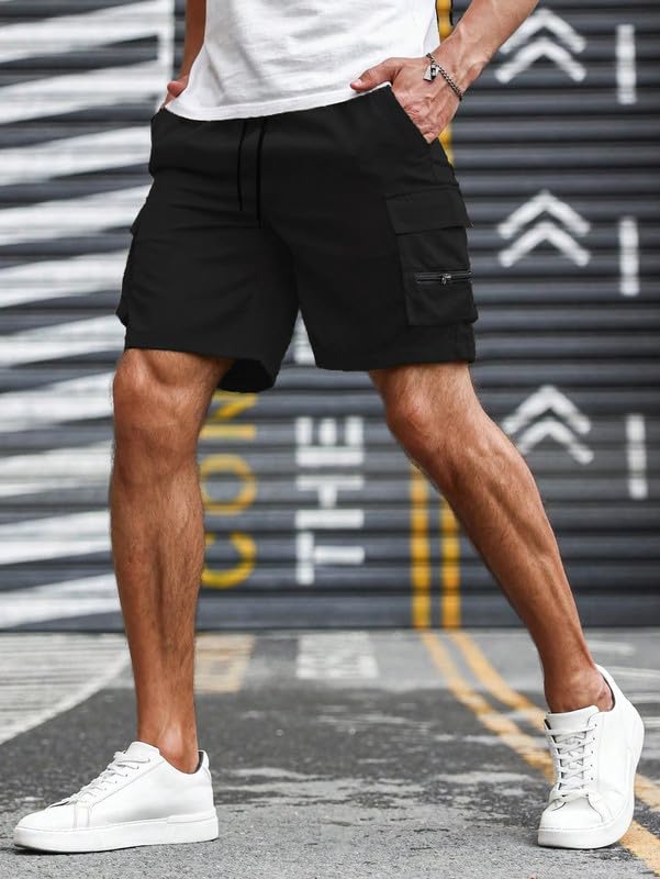 Image of SMOWKLY Men's Cotton Casual Relaxed Regular Fit Camo Cargo Shorts || Drawstring & Elastic Waist Multi Pocket Summer Beach Hiking Outdoor Work Half Pant