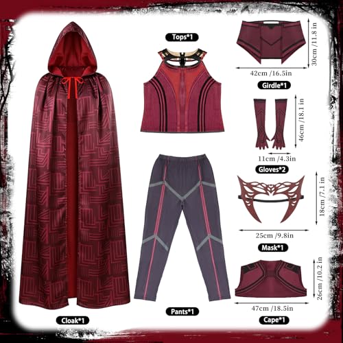 nezababy Scarlet Witch Cosplay Costume for Women, 7PCS Wanda Red Pant Suit Cloak Headpiece for Halloween Party Outfits by nezababy - Image 4