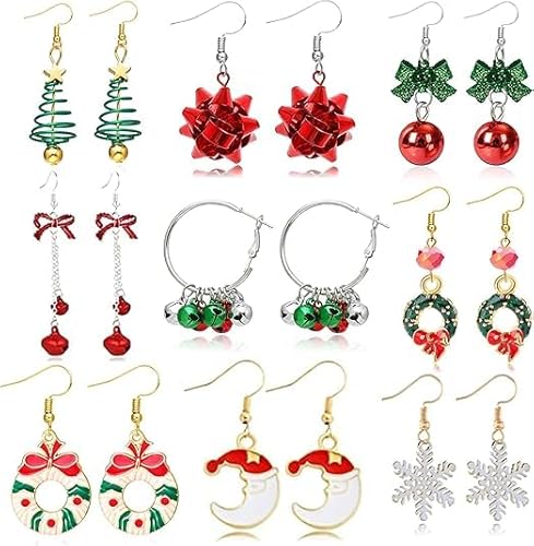 YAJIMAOY Ohrringe Weihnachten 9 Paar Kreativ Weihnachtsohrringe Damen und Kinder, Baumelnde Ohrstecker für Damen und Mädchen