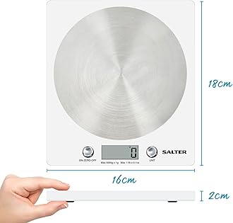 Salter White Disc Digital Kitchen Scale – Electronic Food Scale, Add & Weigh Multiple Ingredients, 5kg Capacity, Aquatronic For Measuring Liquids, Easy Read LCD Display, Includes Battery