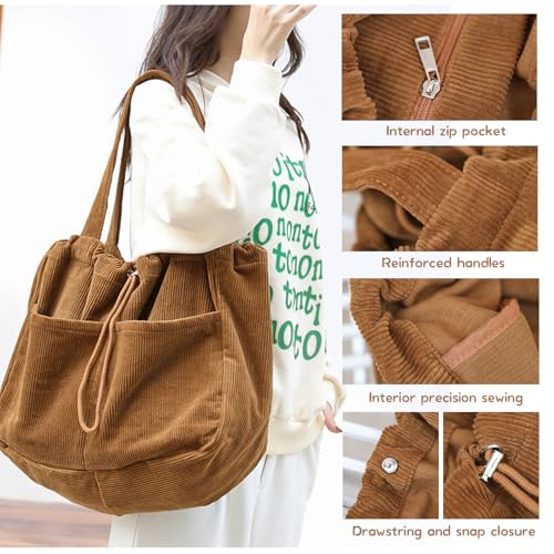 Image of WYCY Corduroy Tote Bag for Women, Large Capacity Corduroy Bag Work Drawstring Bags with Inner Pocket Office Tote Handbag