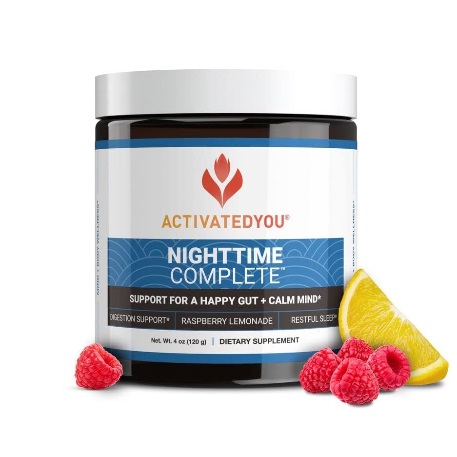 Nighttime Complete by Activated You Daily Wellness Drink for Gut Health with Ashwagandha - Raspberry Lemonade with Prebiotics, Probiotics, Vitamin C - Supports Relaxation & Digestion, Plant-Based