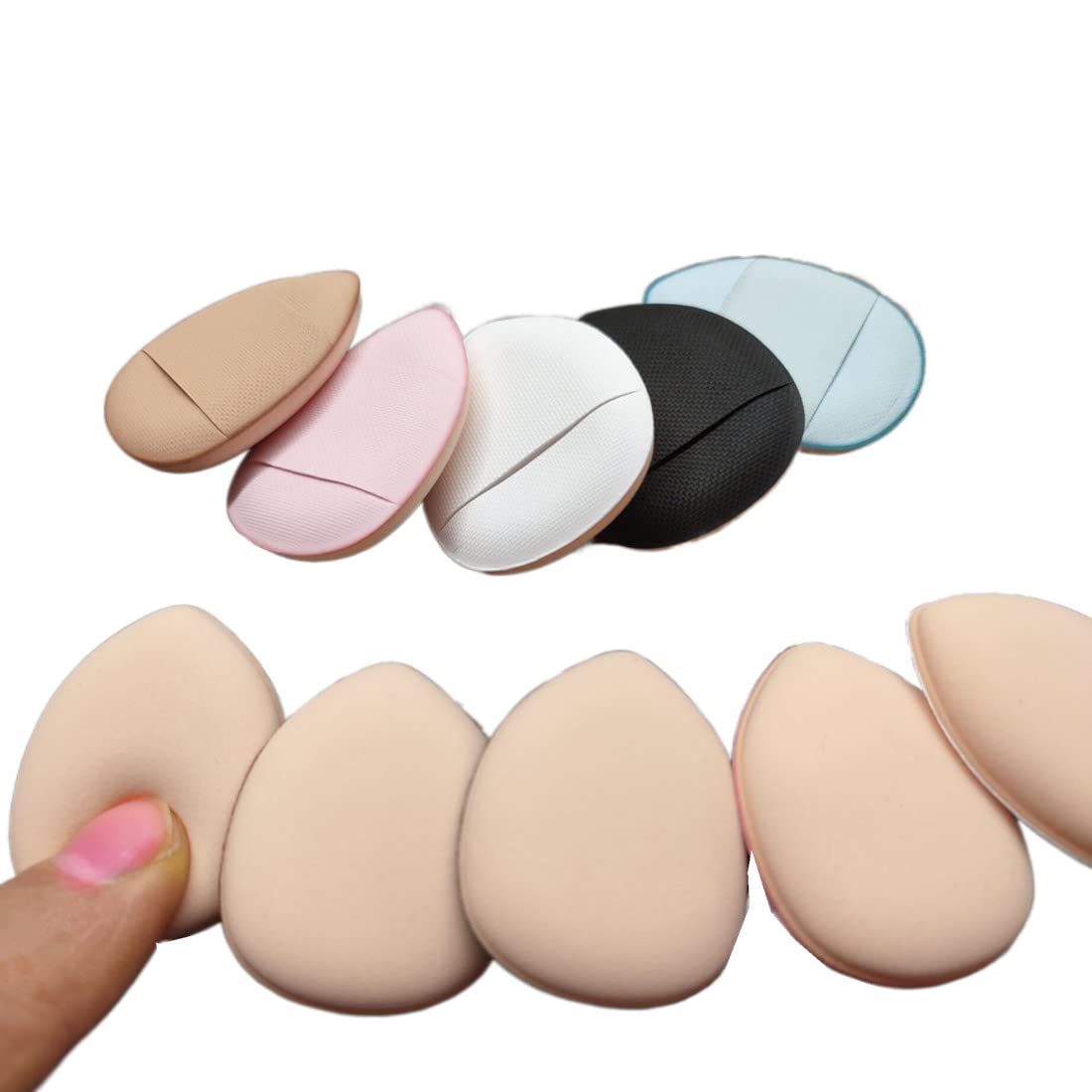 Confezione da 10 spugnette per cipria da dito con cinghia per le dita, mini spugnette per trucco per fondotinta liquido, crema, correttore, ombretto, strumenti di bellezza bagnati e asciutti (5