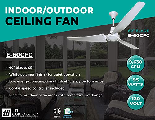 Miniatura 13 de TPI Modelo Corporation E60-CFC, ventilador de techo de 60 pulgadas para interiores o exteriores, motor IP65 de 120 V con clasificación húmeda que