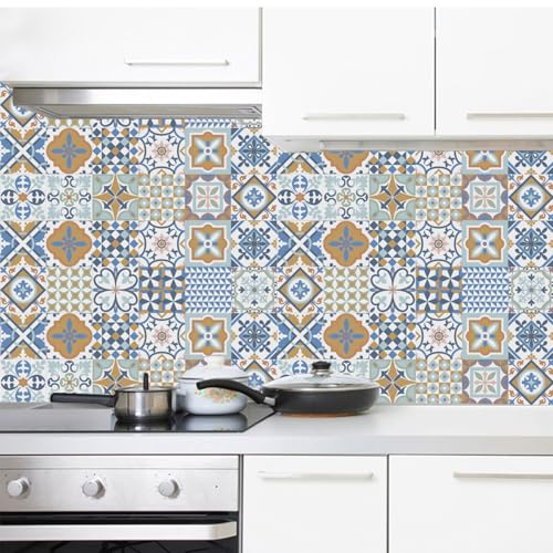 Azulejos Adhesivos Baño Patrón Retro Amarillo Azul Vinilo Pared Cocina Pelar Y Pegar Impermeable para Muebles Chimenea Gabinete Baldosas Adhesivas Pared Decorativos