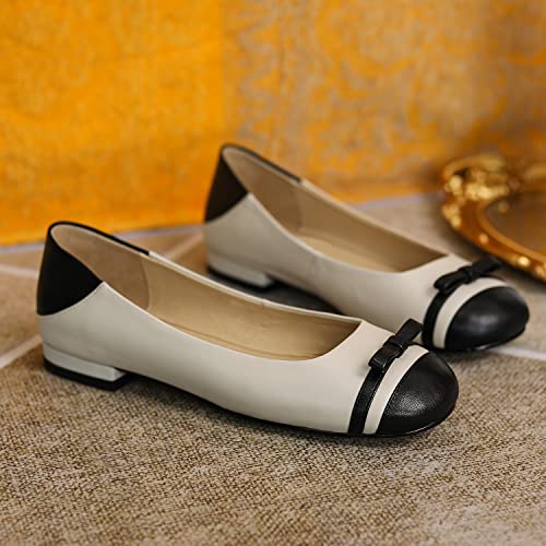 SHODENSE Women Cap Toe Flats Bow Two Tone Comfortable Slip On Ballet Flat Shoes Square Toe Flat Heeled Dress Shoes Ladies Matte Patchwork Leisure Street Concise Vintage Adorable 4-11 M US2