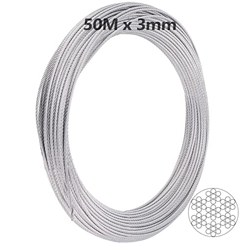 ZEONHEI Cuerda de acero inoxidable de 50 m x 3 mm, 7 núcleos de alambre de acero inoxidable, alambre tensor de acero para cuerda de cortina, barandilla de cable, exterior jardín colgante