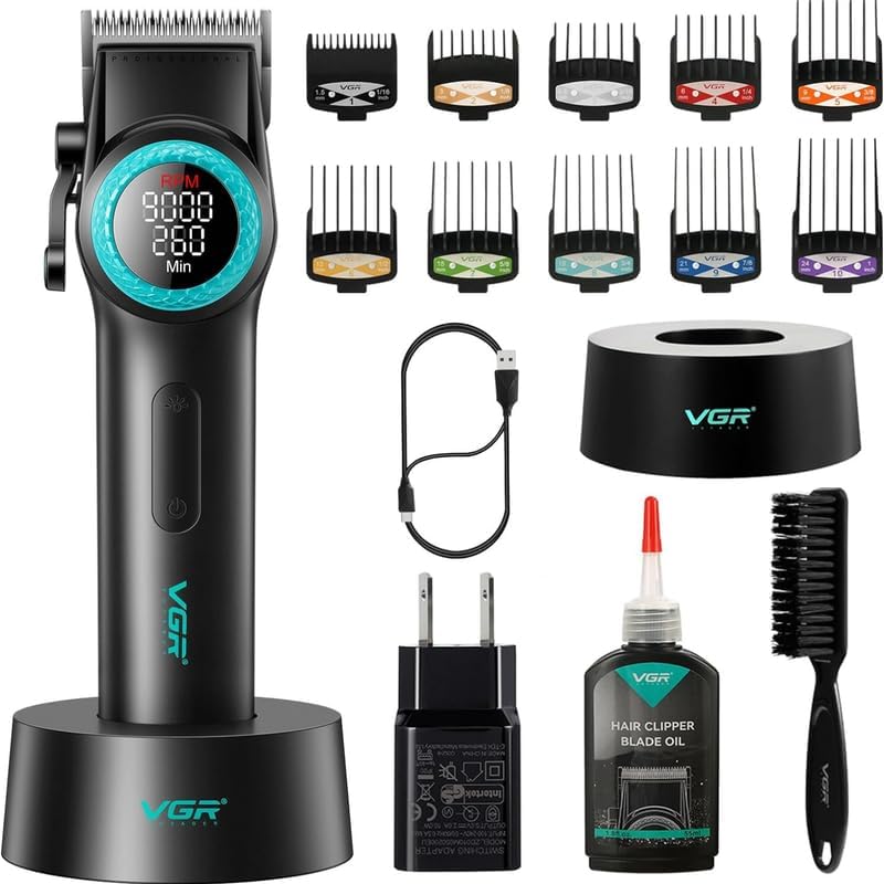 Image of VGR V- 001 Ultra Premium 7000-9000RPM Professional hair clipper Taper lever 5 Level 10x combs 4600MAH battery adapter charging base 21-level speed change Digital display LED light 300 Min, Multi 3