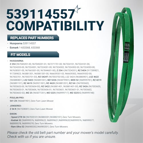 Image of [Upgraded Grip120] BlueStars 539114557 Deck Belt Aramid Cord 5 /8 inch x 154 inch | For 52 inch 54 inch Deck Husqvarna Z254 RZ5424 Z5426 Poulan Jonsered Dixon ZeroTurn Mowers Replaces 539114557 1-653368 653368