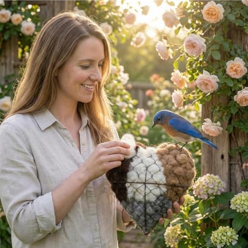 7 Inch Handmade Alpaca Fiber Bird Nesting Heart Bird Houses Bird Nesting Material with 1 Heart Shape Hummingbird Nesting & Alpaca Fiber and Feeder for Garden Decor Gift Bird Lovers(7Inch, Heart) - 4
