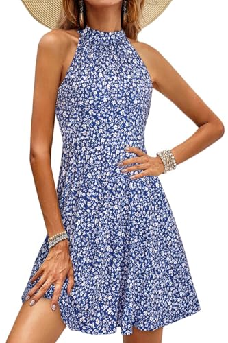 OUGES Sommerkleid Damen Knielang Neckholder Kleid Sommer Blumenmuster Elegant Cocktailkleid(Floral18,S)