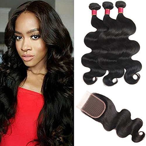 Brazilian Virgin Hair 3 Bundles with Closure 10a Brazilian Body Wave Bundles With Closure Unprocessed 100% Human Hair Bundles with Lace Closure Brazilian Virgin Hair Body Wave(12 14 16+10 closure)
