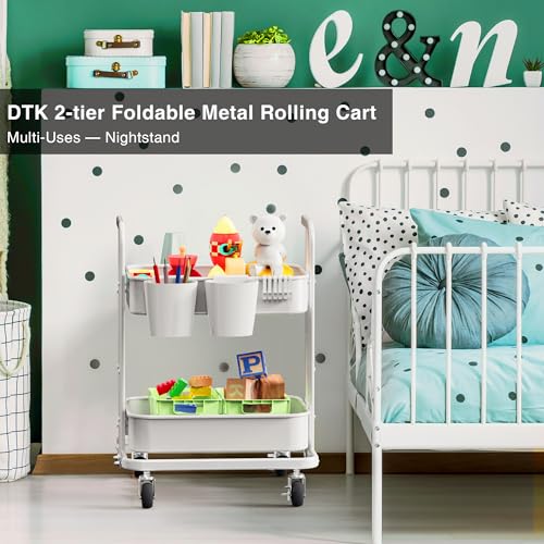 Image of DTK 2 Tier Rolling Cart, Small Metal Utility Cart with Lockable Wheels, Foldable Craft Cart, 2 Shelf Folding Storage Trolley for Living Room, Kitchen, Bathroom, Bedroom and Office, White
