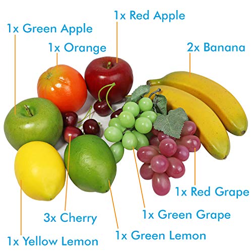 Fake Fruit Artificial Realistic Lifelike Decorative Foam Fruits & Vegetables For Hand Made Home, Kitchen, Party Decor (12Pcs Assorted Fruit Mix Apples, Lemons, Oranges, Bananas, Grapes, Cherries) #TOP2