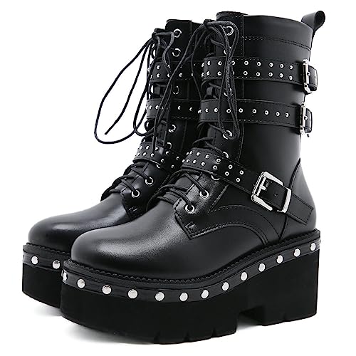 Image of Parisuit Womens Goth Patent Ankle Boots Platform Chunky Combat Boots