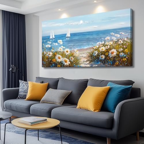 PHAOHUAXM Large Blue Ocean Landscape Canvas Printing Picture Wall Art For Living Room Farmhouse Dinin Mural White Flowers Bedroom Office Wall Decor Home Decor Painting Easy To Hang 30x60 Inches