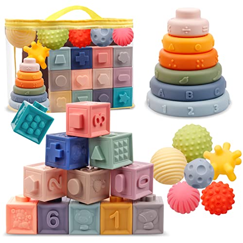 Montessori Toys for Babies,Soft Stacking Building Blocks Rings Balls Sets,3 in 1 Baby Toy Bundle,Sensory Toy for 6-12 Months, Soft Teething Toys for Babies,Baby Gifts for Boy Girl